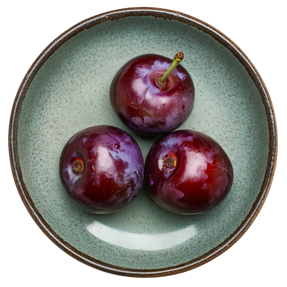 Freshly picked plums on a turquoise plate against a clean transparent background showcasing vibrant colors and textures, plum in a plate isolated on transparent background png