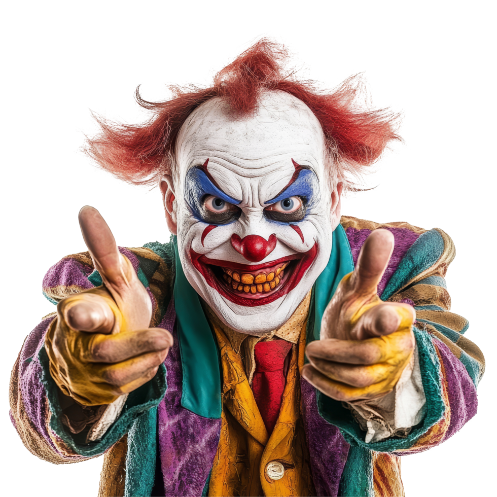 Villainous clown with exaggerated features and menacing expression against a plain transparent background, villain clown isolated on transparent background png