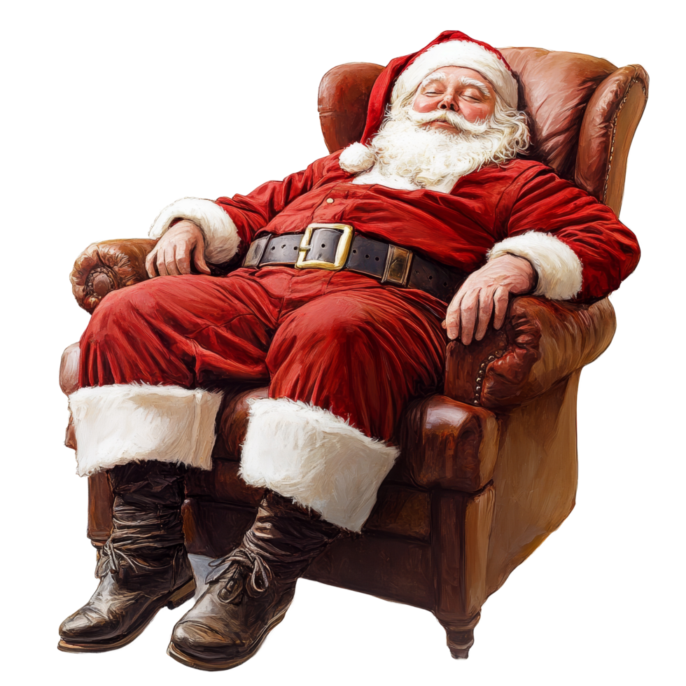Santa Claus peacefully resting in a cozy armchair after delivering presents on Christmas Eve, Santa Claus Asleep in a Chair After His Busy Deliveries on transparent background png