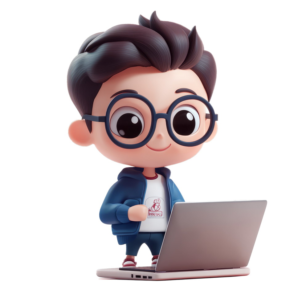 Cute cartoon character with laptop enjoys a creative moment in a cozy workspace at home, 3D Cartoon Character with Laptop Cute Guy Avatar Isolated on transparent background png