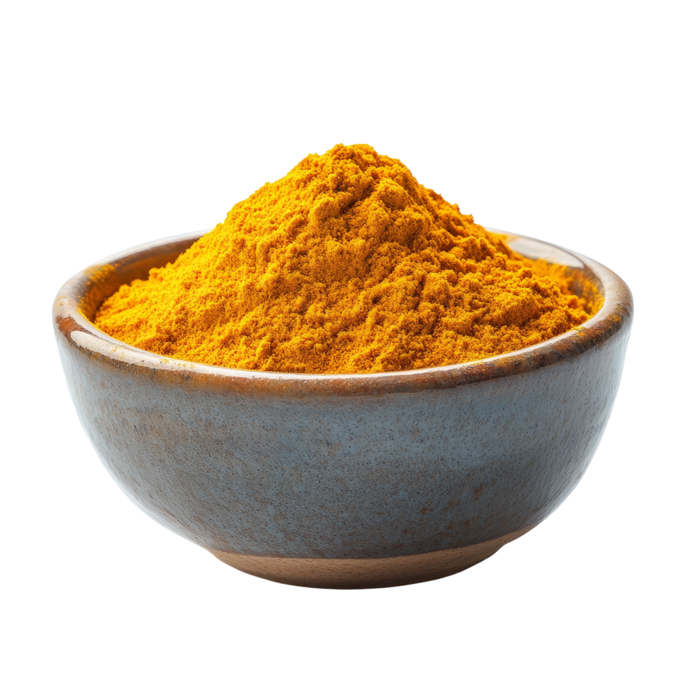 Turmeric powder in a ceramic bowl isolated on a transparent background showcasing its vibrant color and texture, Turmeric powder in ceramic bowl isolated on transparent background png