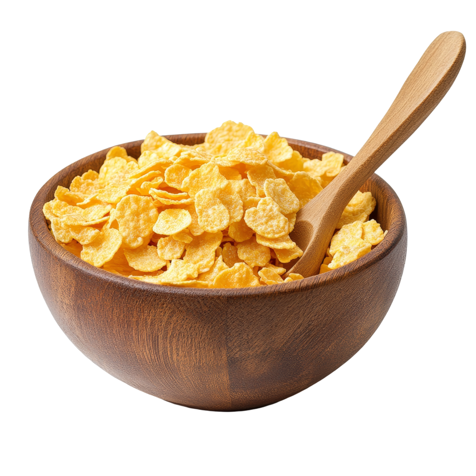 Delicious corn flakes in a wooden bowl with a spoon on a transparent background perfect for breakfast any time of day, corn flakes in wood bowl and spoon isolated on transparent background png