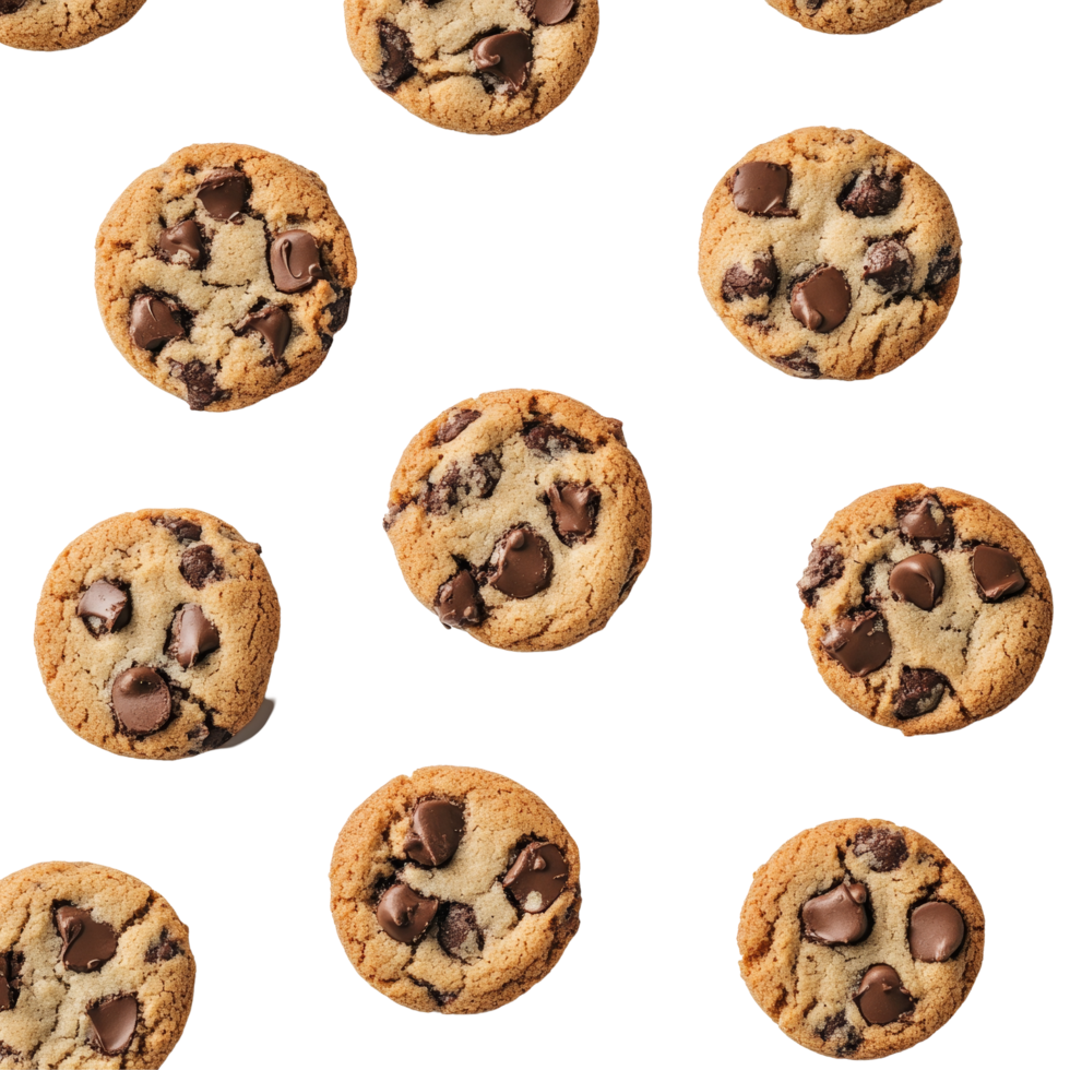Freshly baked chocolate chip cookies arranged neatly on a clean transparent background, inviting for a sweet treat, cookies on transparent background png