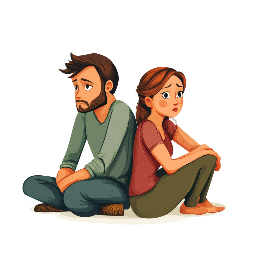 Sad couple sitting back to back, struggling with family issues and emotional distance in a quiet setting, sad couple with family problems, file of isolated object on transparent background png