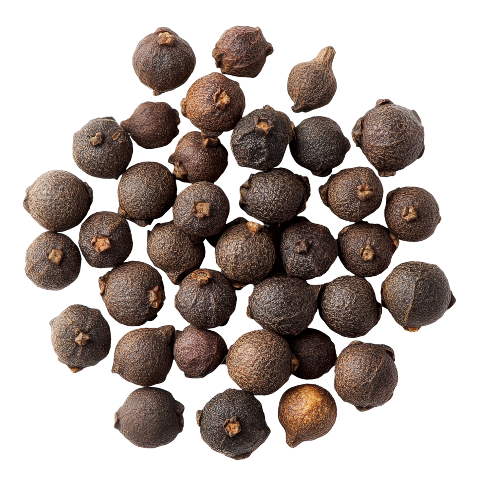 Fresh allspice berries on a transparent background showcasing their natural texture and shape, Allspice berries also called Jamaican pepper or newspice on transparent background png