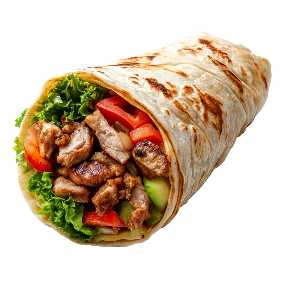 Delicious shawarma wrapped in warm flatbread with fresh vegetables on a bright background, Delicious shawarma isolated on transparent background or transparent backgroud png