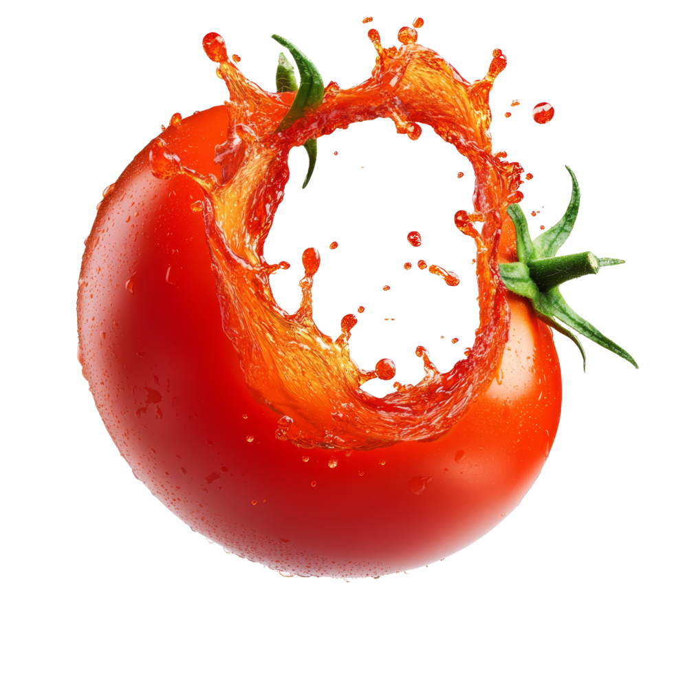 Fresh tomato splashing in a vivid circle of juice, showcasing vibrant red color and natural shine, Fresh tomato with juice splash in circle shape png