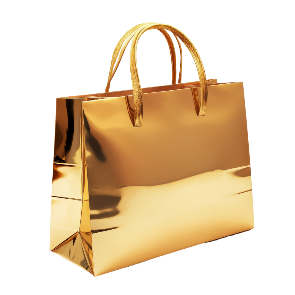 Gold shopping bag isolated on a transparent background, perfect for showcasing luxury and style in retail settings, Gold shopping bag isolated on transparent background png