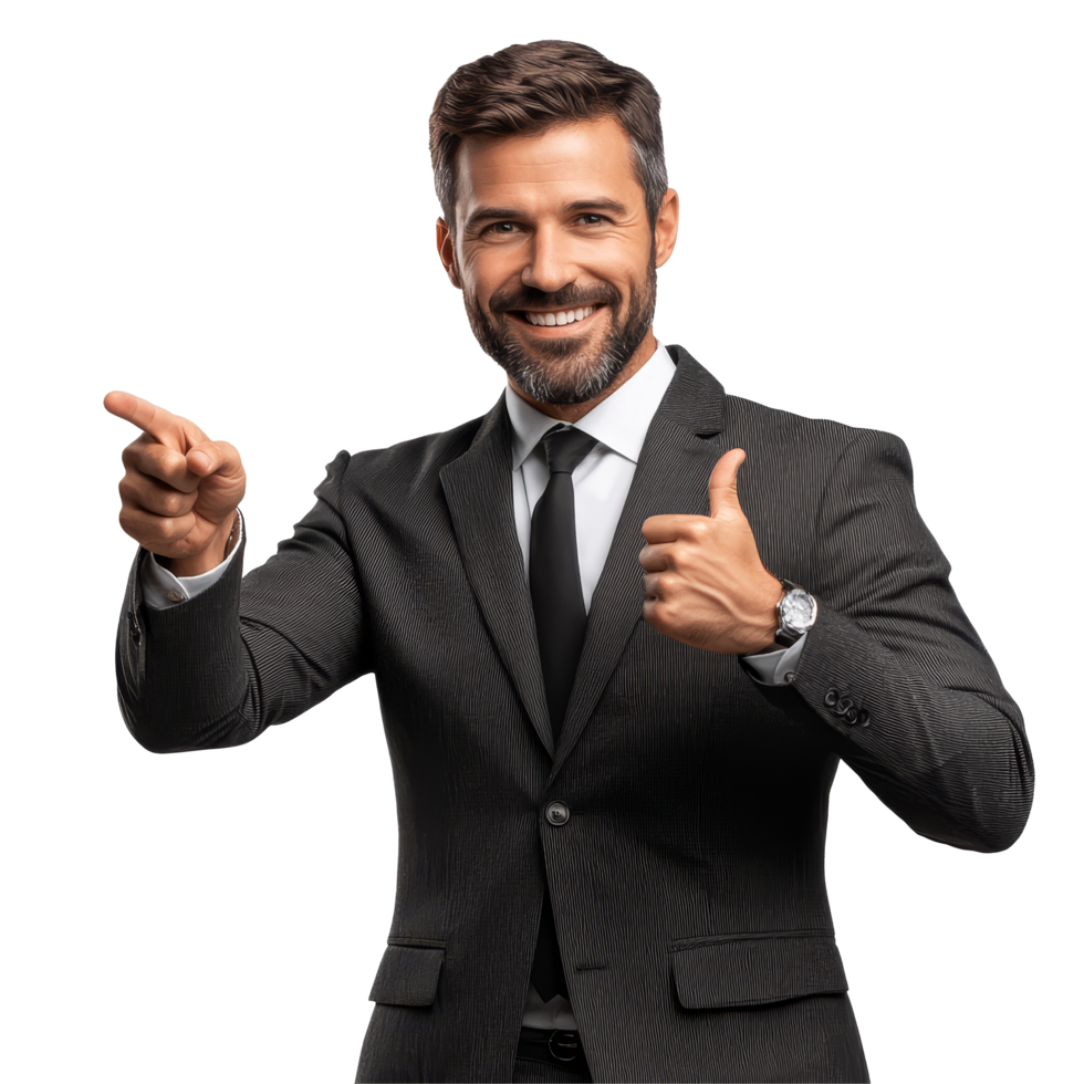Confident businessman smiling and pointing with enthusiasm in a professional setting during daylight, Confident businessman pointing and smiling file no background png