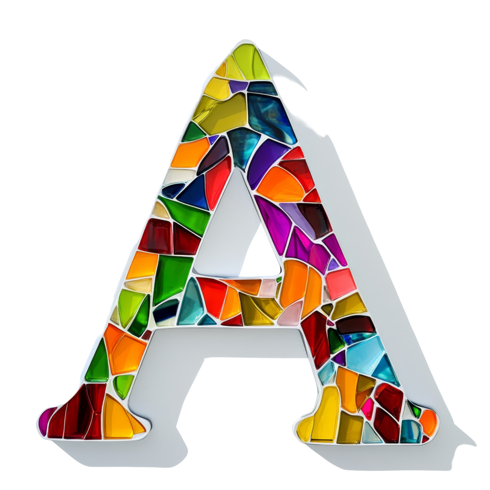 Colorful mosaic letter A crafted from various pieces of displayed against a transparent background in a bright setting, consonant letter a is used to make words on transparent backgroundfile png