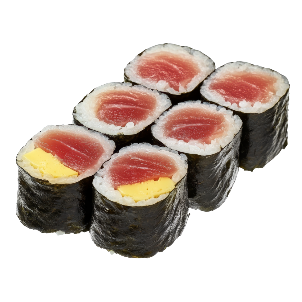 Freshly prepared isolated tuna maki sushi rolls showcasing vibrant fish and rice in a simple presentation, Isolated uncut tuna maki sushi rolls png