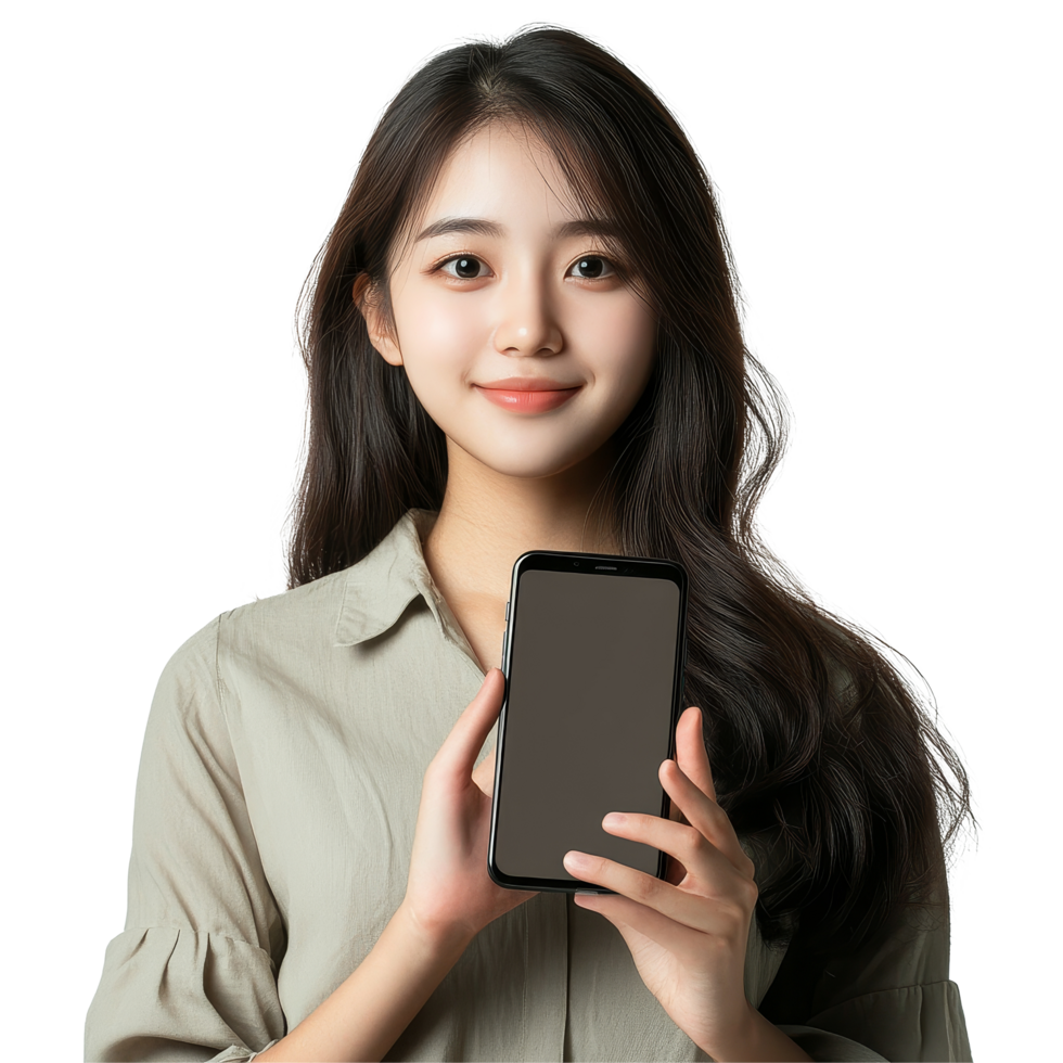Attractive young Asian woman holds smartphone while smiling in a bright indoor setting, Attractive Young Asian woman showing screen of mobile smartphone png