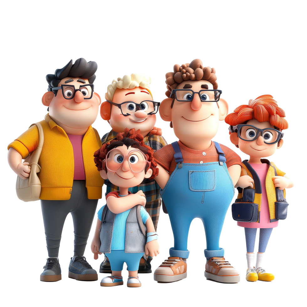 A joyful cartoon group stands together on a transparent background, highlighting friendship and fun, 3D Cartoon Character Group on transparent background png