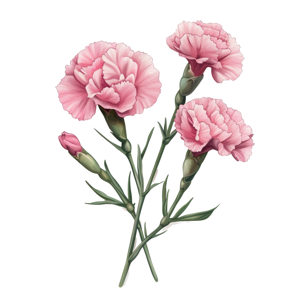 Beautiful carnation flowers isolated on a transparent background showcasing their delicate pink petals and rich green stems, Carnation flowers isolated on transparent background png