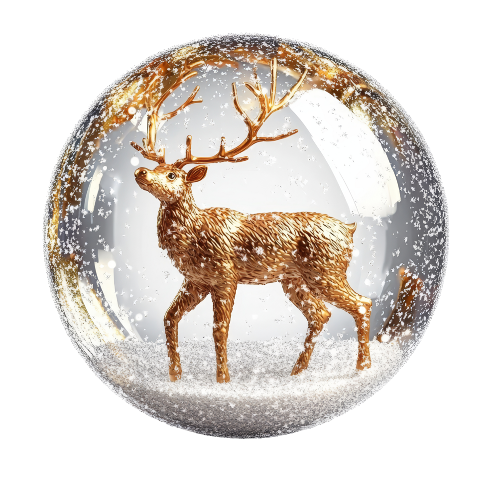A festive Christmas snow globe featuring a graceful reindeer figure surrounded by sparkling snowflakes on a base, Christmas snow ball with reindeer figure, isolated on transparent background png