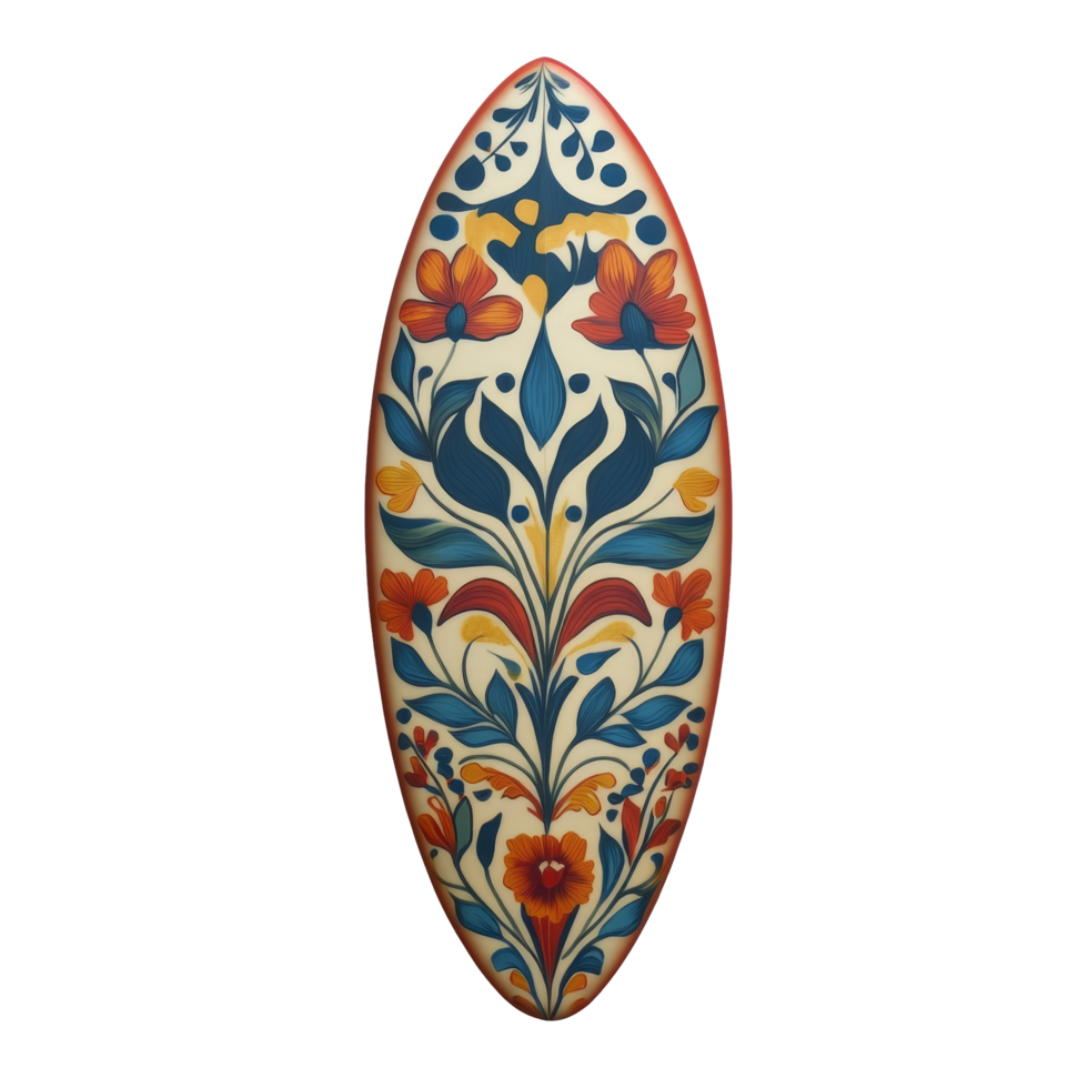 Retro patterned surfboard against a transparent background showcasing vibrant floral design and artistic craftsmanship, surf board with retro pattern transparent background png