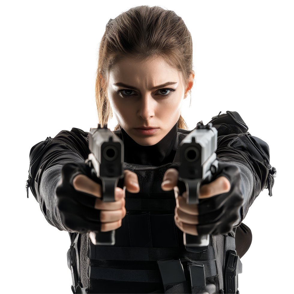Female tactical agent aiming dual guns in a combatready stance against a plain background, Female Agent in Tactical Gear Holding Dual Guns Isolated on transparent background png