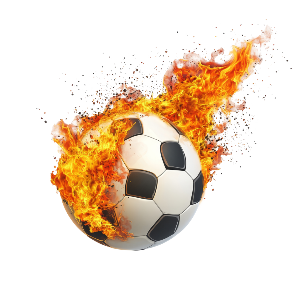 A blazing soccer ball soars through the air, leaving trails of fire during an intense match, soccer ball flying with burning fire flameisolated on transparent png