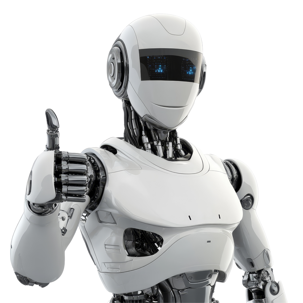 AI robot displays a thumbs up gesture against a simple transparent background showcasing positivity, AI robot giving a thumbs up on transparent background png
