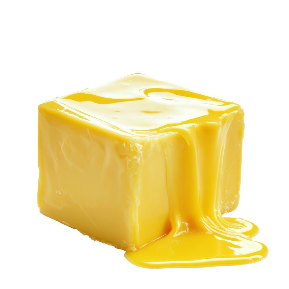 Freshly melted butter cube on a transparent background with glossy texture appearing appetizing and creamy under even lighting conditions, Cube butter melting isolated Stock Photo png
