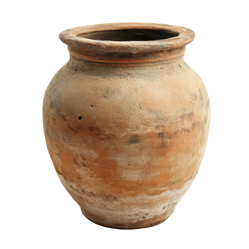An ancient clay pot resting on a transparent background, showcasing traditional craftsmanship and rustic charm, Old clay pot on a transparent background png