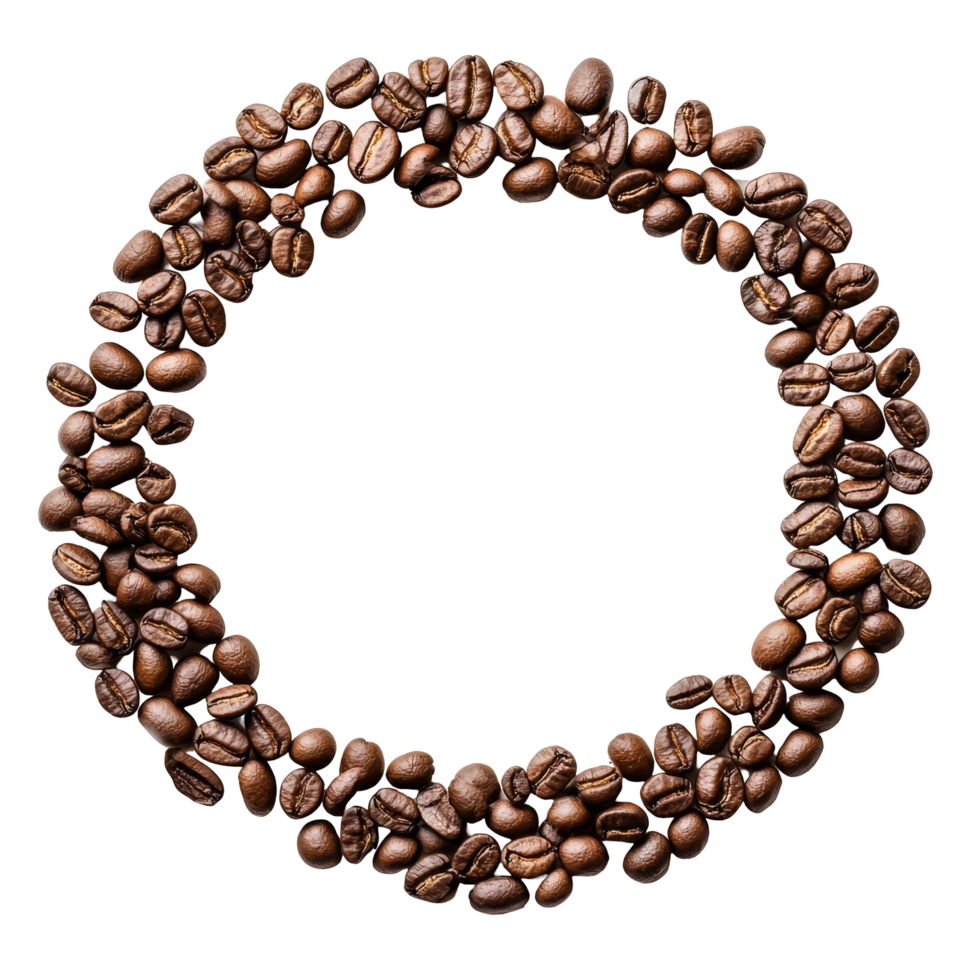 Coffee beans arranged in a circular pattern on a transparent background with a round space for text, Coffee beans with round copyspace against transparent background png