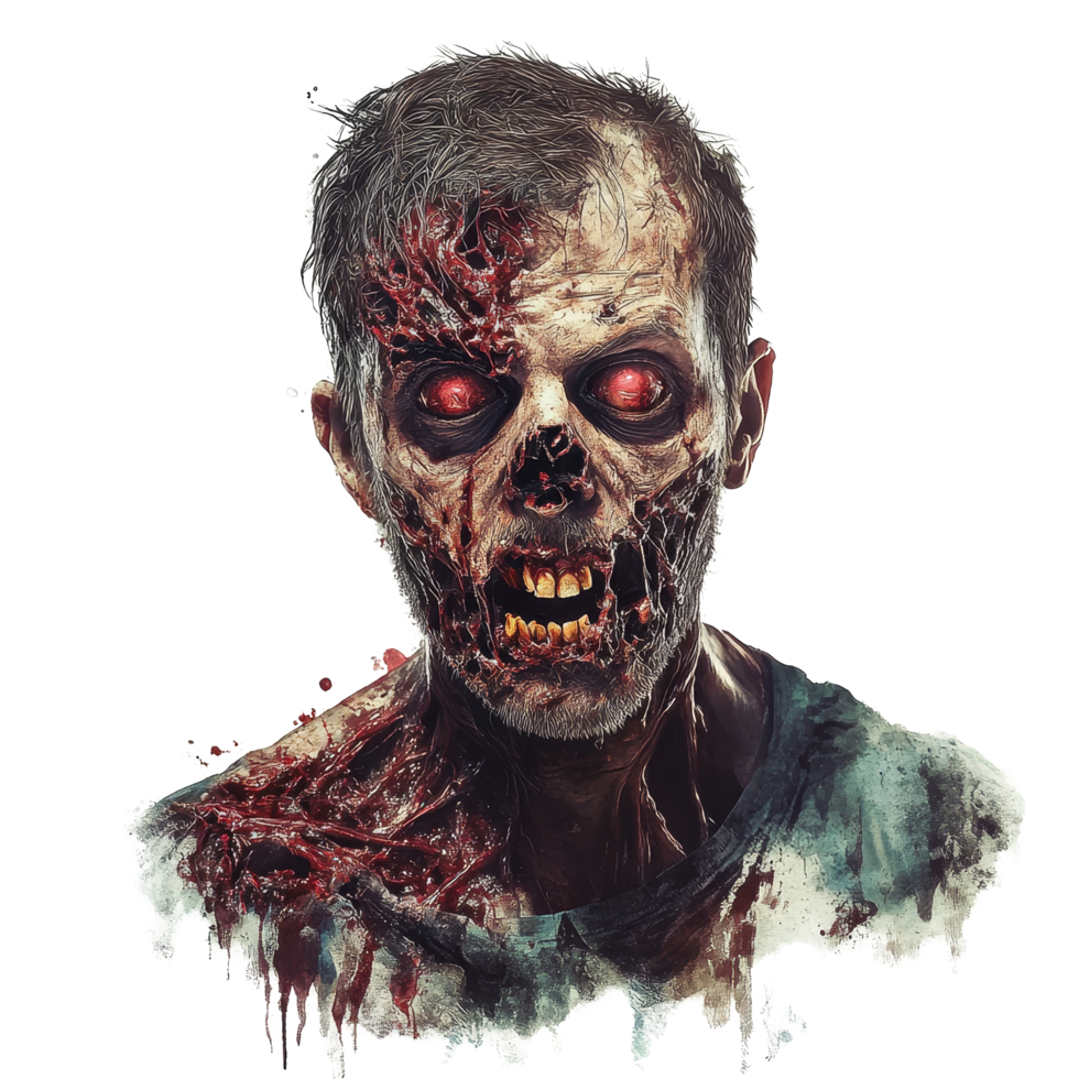Chilling horror zombie portrait with haunting features and vibrant eyes against a stark transparent background, Horror Zombie Portrait on transparent background png