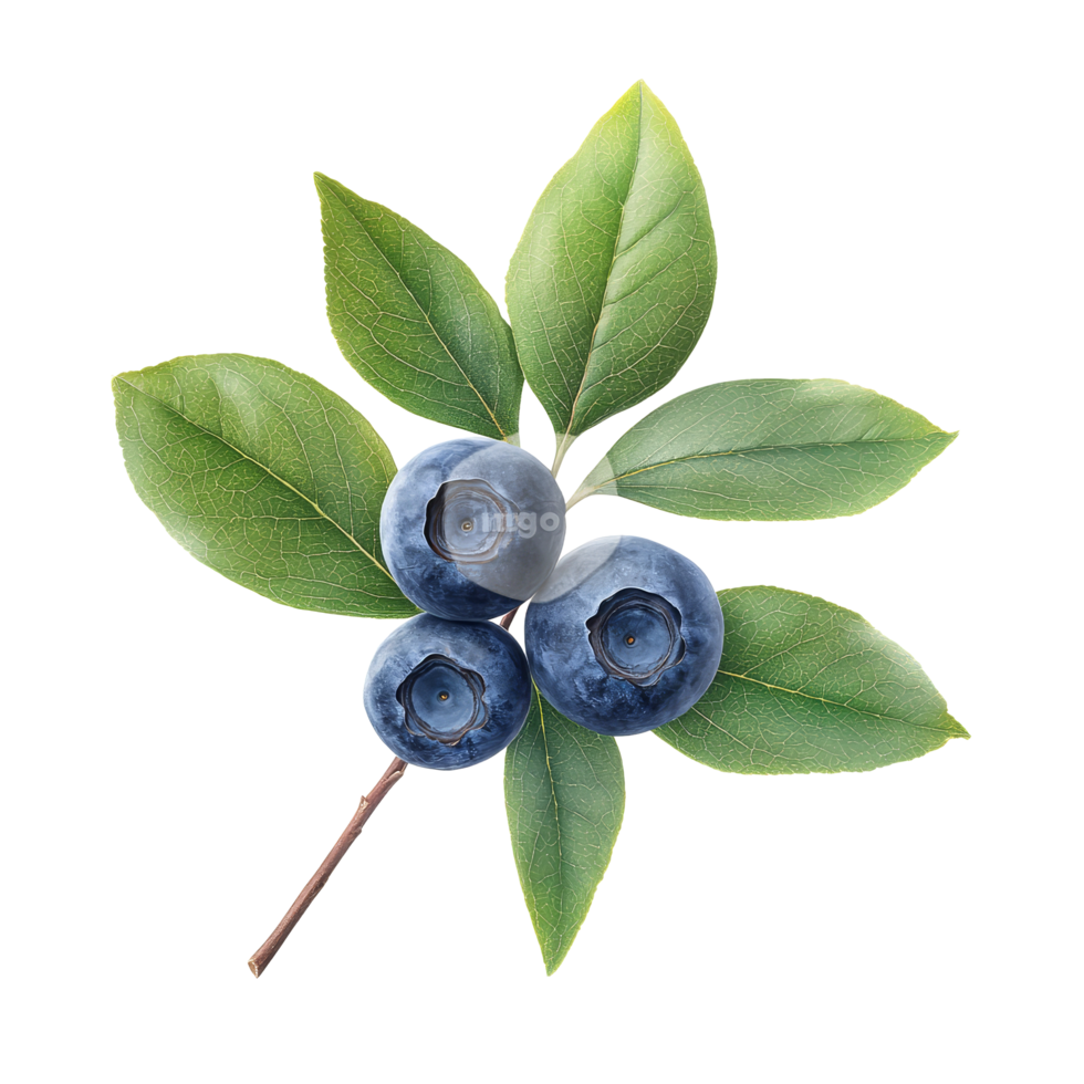 Fresh blueberries with vibrant green leaves isolated on a transparent background for culinary and health purposes, One blueberry fruits with leaf branches isolated on a transparent background png