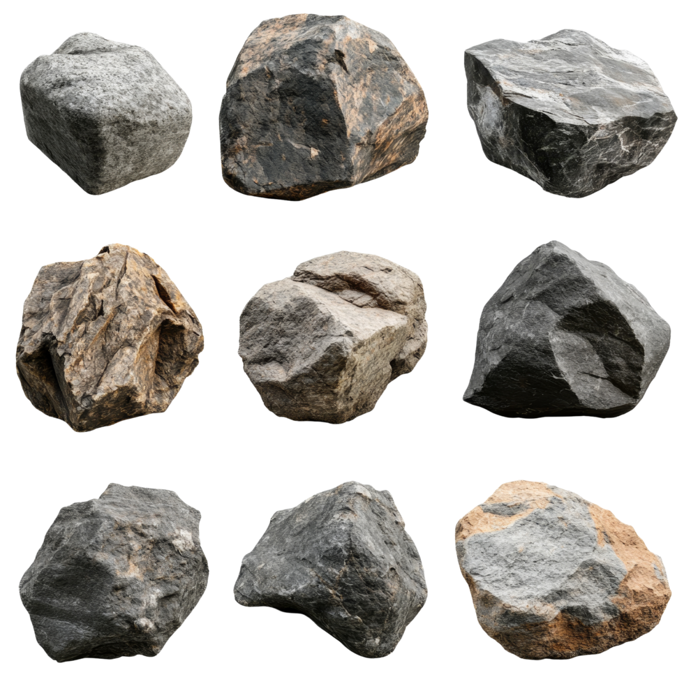 Collection of unique boulder rocks isolated against a transparent background showcasing different textures and shapes, Rock boulder isolated on transparent background png