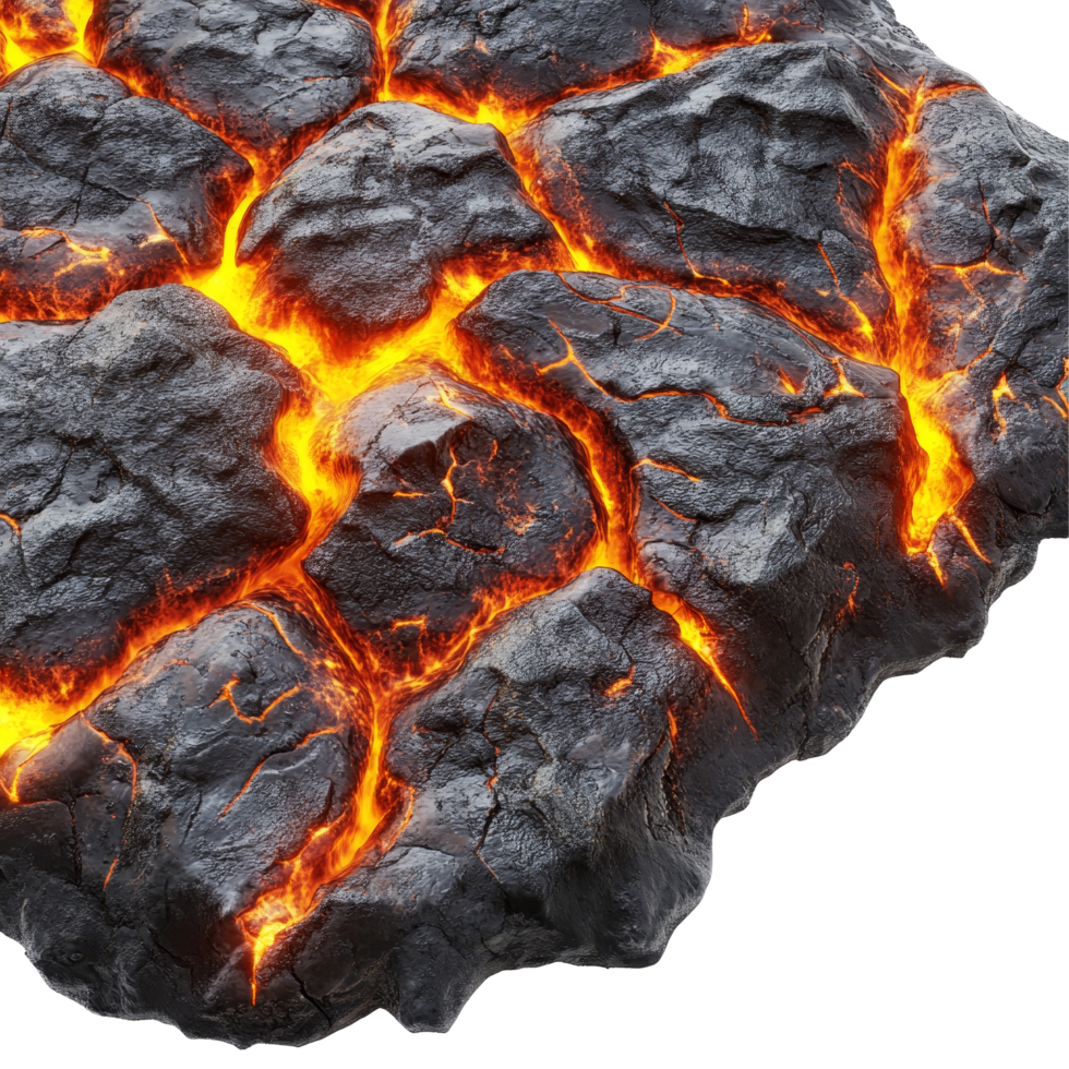 Lava surface showcasing molten rock and intricate textures from volcanic activity, Lava Surface with Molten Rock and Texture, Isolated on transparent background png