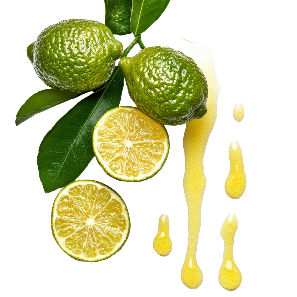 Fresh bergamot citrus fruit with juice dripping on transparent transparent background, bergamot or Thai lime with juice dripping on transparent background png