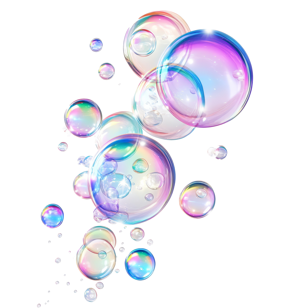 Soap bubbles floating gracefully on a clean transparent background reflecting light in various colors, soap bubbles on transparent background png