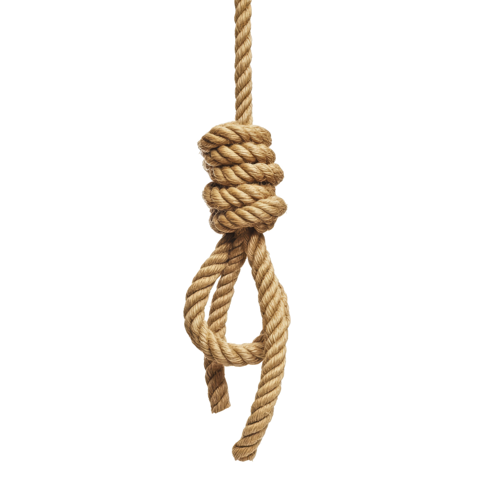 Knotted hanging rope isolated on a transparent background, showcasing craftsmanship and detail in knot tying, Knotted Hanging Rope Isolated on transparent background Suicide concept png