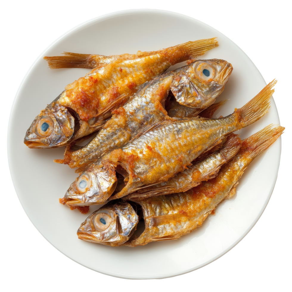 Small fried fish served on a transparent plate, perfect for a light meal or appetizer at any gathering, small fried fish in plate on transparent background png