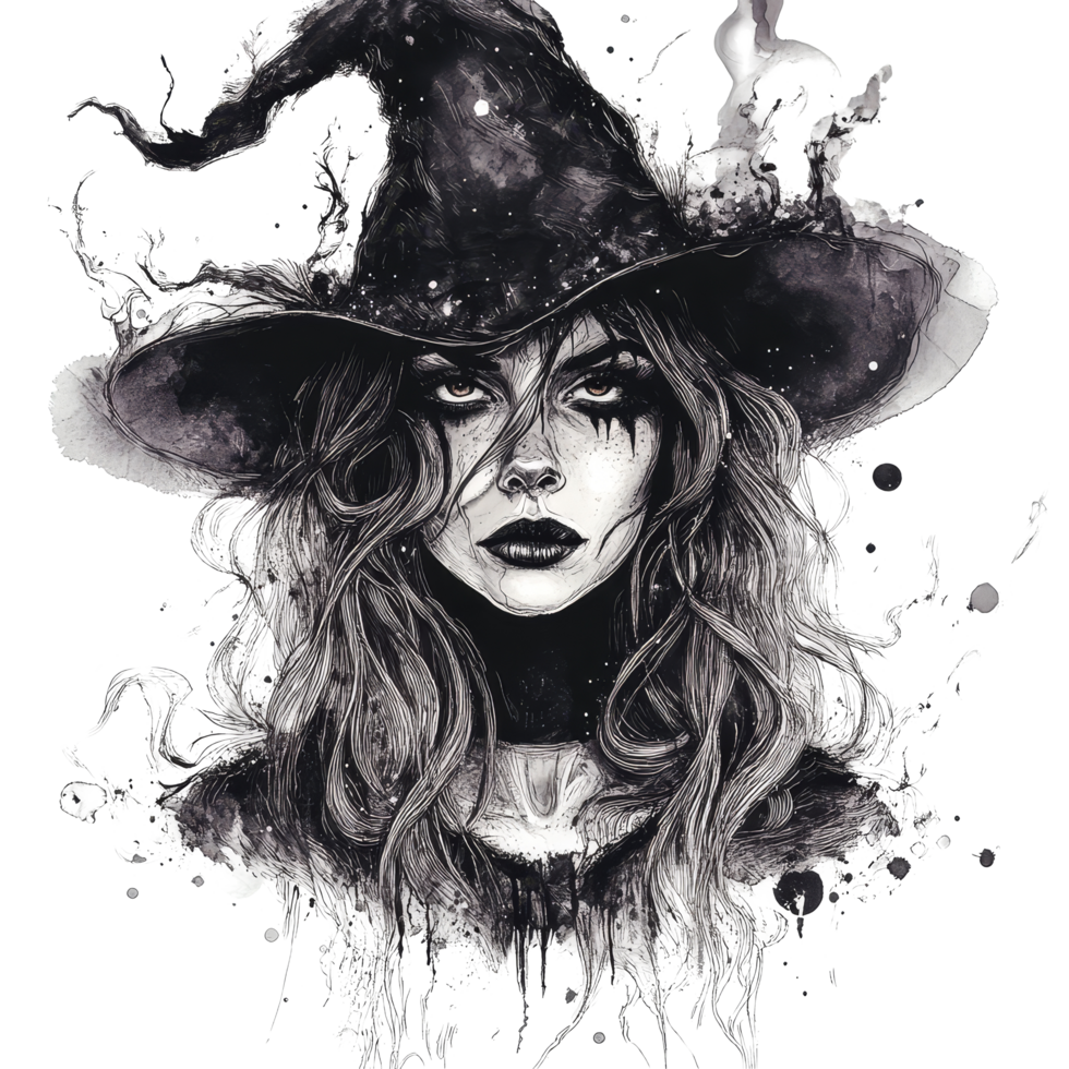 A mysterious witch with flowing hair and a pointed hat on a stark transparent background, evoking enchantment and magic, Witch on transparent background png