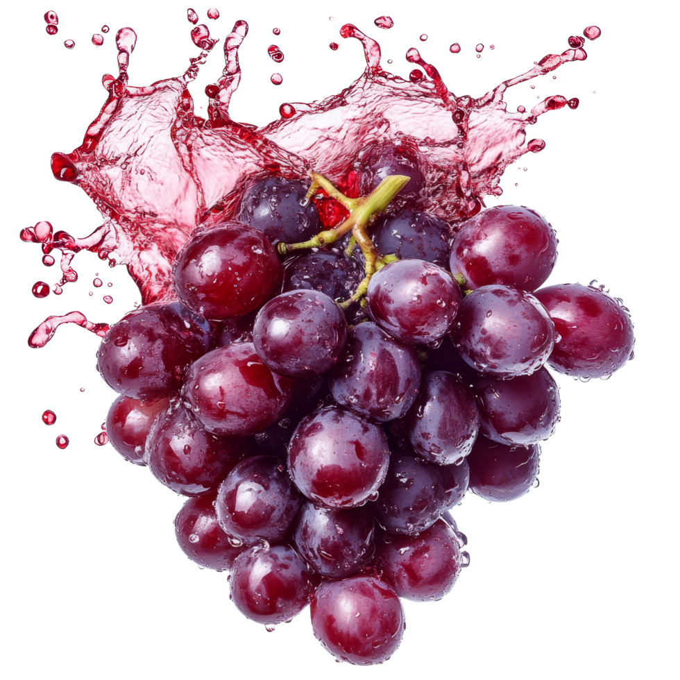 Fresh organic grapes bursting with juice splash on a bright transparent background for vibrant visual appeal, Fresh organic grape with juice splash on transparent background. grape splash transparent png