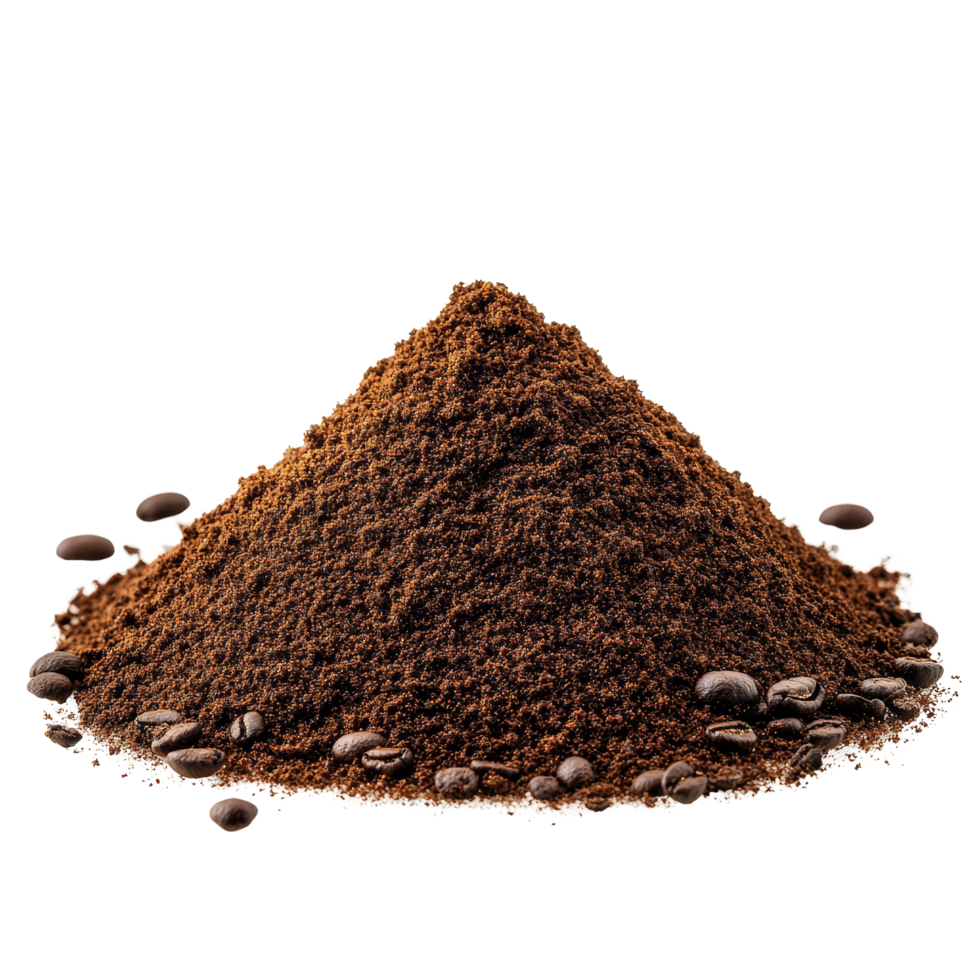 Freshly ground coffee powder pile with beans isolated on transparent background for culinary and beverage use, Pile of fresh ground coffee powder isolated on transparent background png