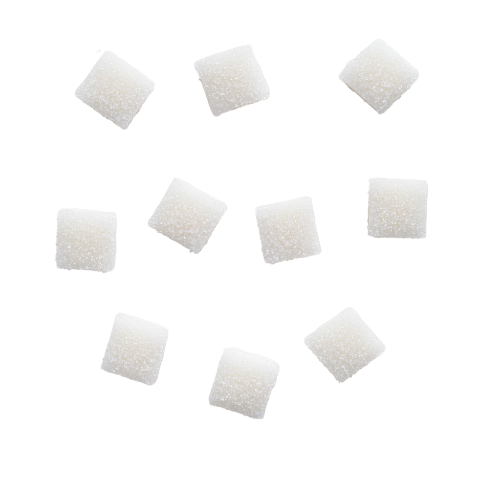 transparent sugar cubes arranged on a clean transparent background highlighting their texture and form during a bright setting, Cubes of sugar on transparent background png
