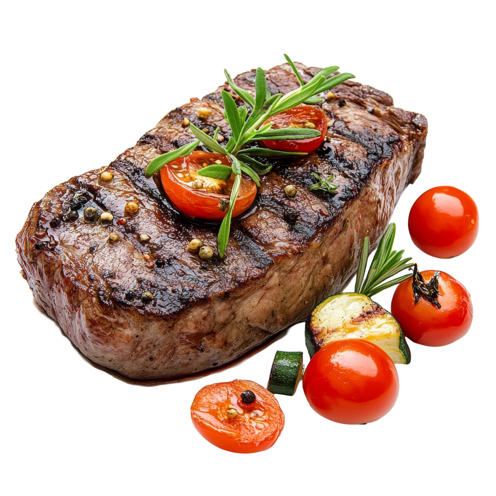 Delicious roasted beef steak served with fresh vegetables on a clean transparent background, roasted beef steak with vegetables isolated on transparent png