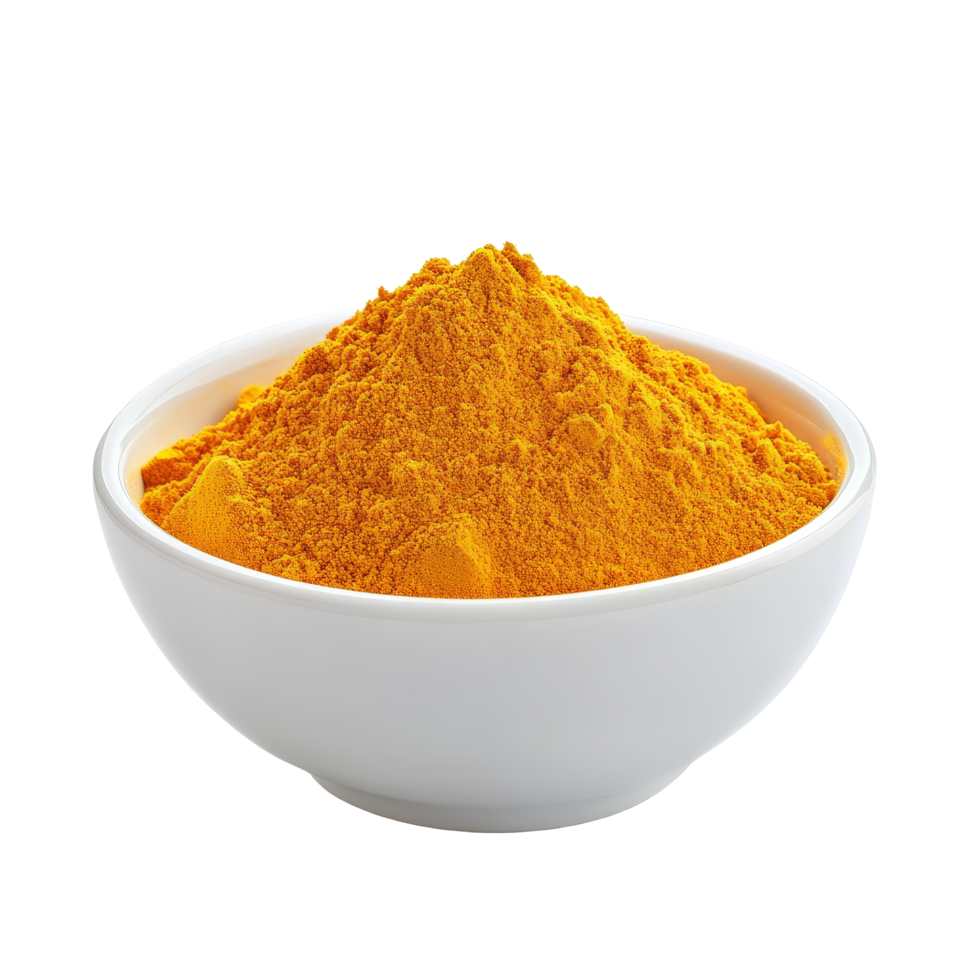 Bright turmeric powder in a transparent bowl isolated against a clean transparent background for culinary and health uses, Turmeric powder in transparent bowl isolated on transparent background png