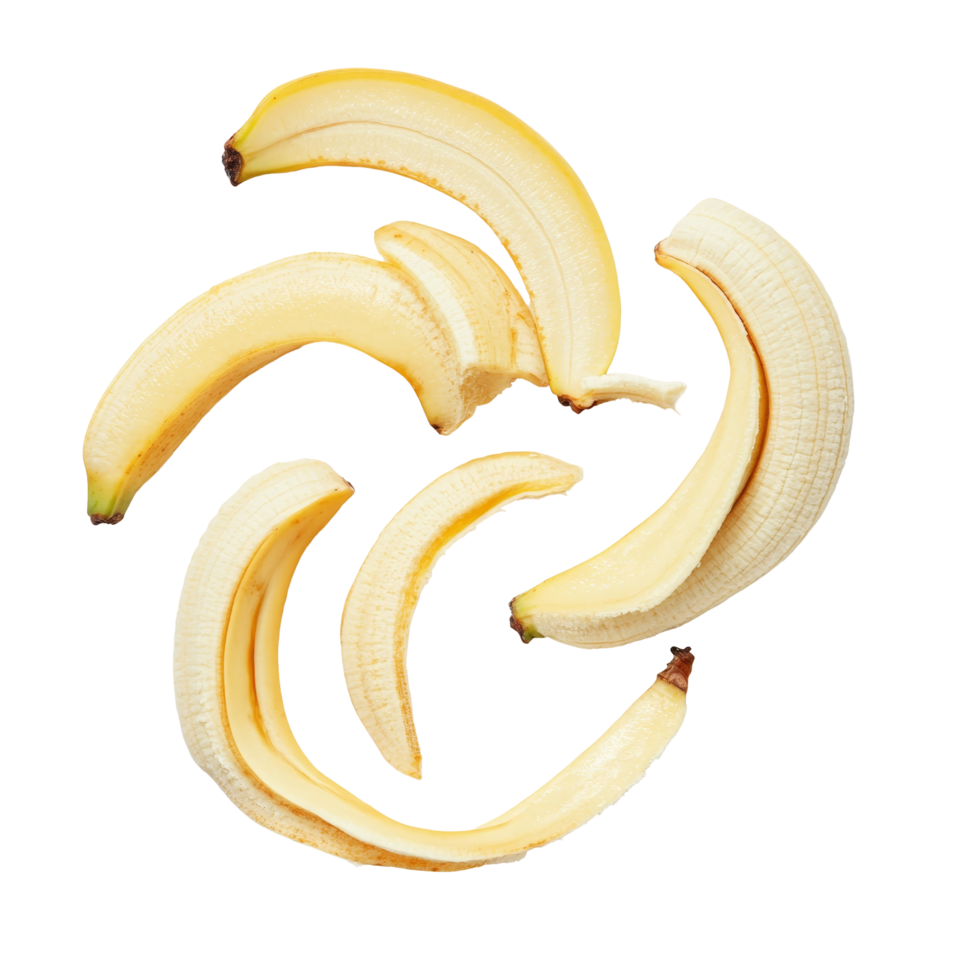 Fresh peeled banana slices arranged on a transparent background showcasing their smooth texture and vibrant color, Peeled banana slices isolated on transparent background png