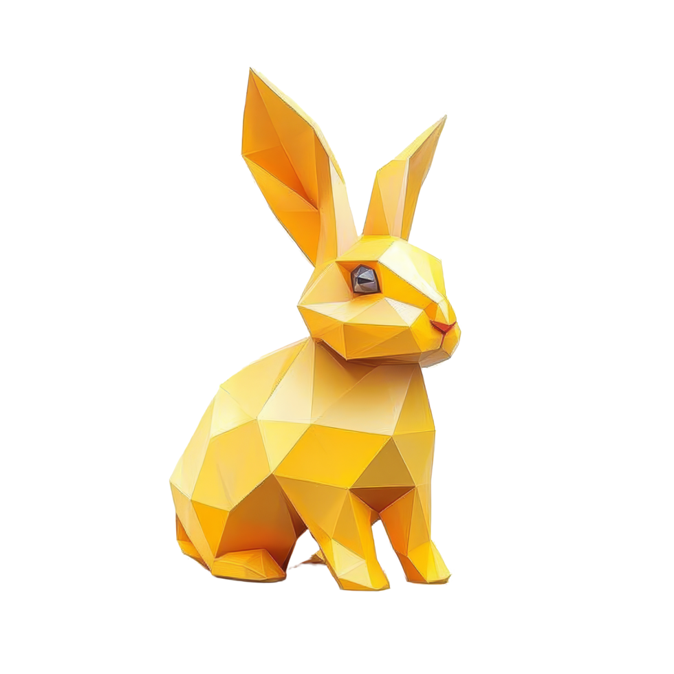 A colorful polygonal yellow rabbit figurine against a clean transparent background creating a modern art aesthetic, Yellow polygonal rabbit on transparent background. Geometric polygonal rabbit png
