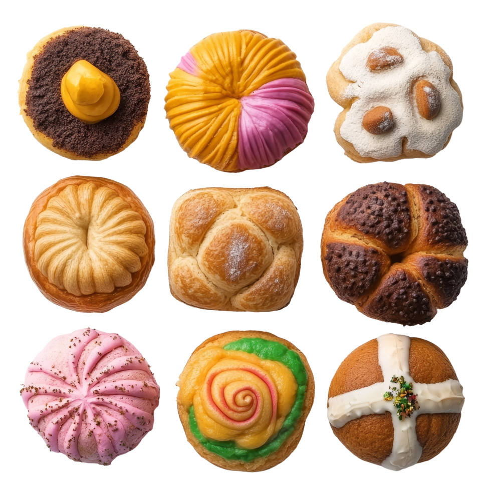 A vibrant assortment of Mexican pan dulce showcasing colorful varieties in a delightful top view layout, mexican pan dulce colorful top view isolated on transparent background png