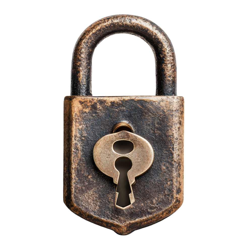A vintage padlock with a keyhole and key, isolated on a clean transparent background for securitythemed visuals, Lock with key isolated png