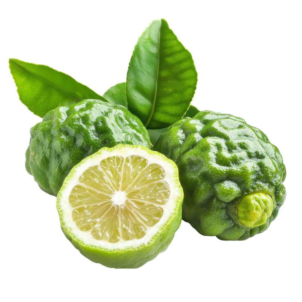 Fresh bergamot fruit halves with green leaves isolated on a transparent background in natural light, Bergamot fruit on transparent background png
