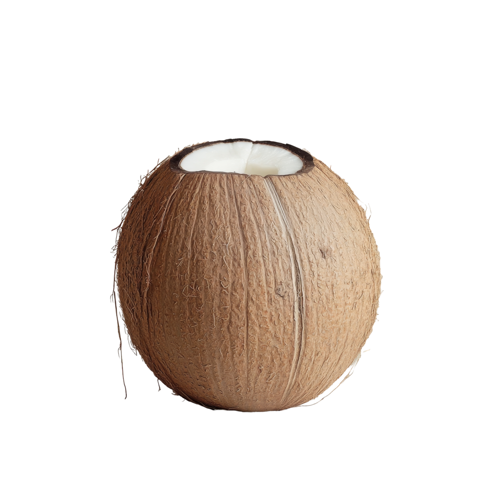 A whole coconut cracked open on a soft, isolated background highlighting its natural texture and vibrant interior, coconut on isolated background png