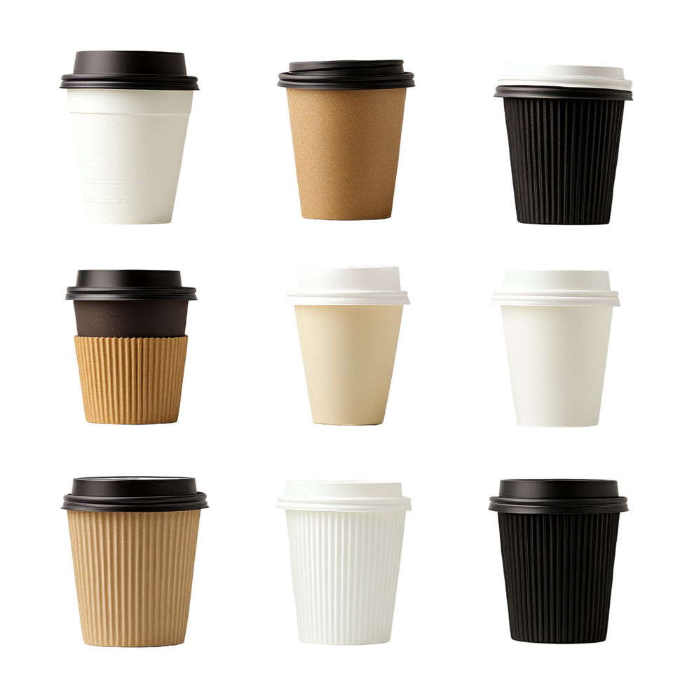 Collection of various plastic coffee cups arranged on a transparent background showcasing diverse colors and styles, Plastic coffee cup on transparent background png
