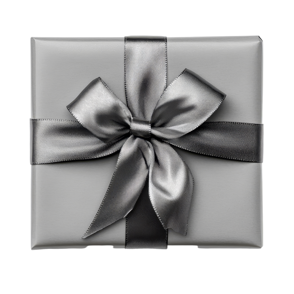 Elegant silver ribbon beautifully tied on a gift box, creating a stunning present for special occasions, Top view of silver ribbon on gift box isolated on transparent backgroundfile png
