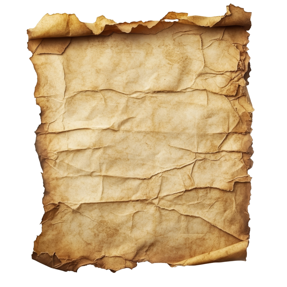 Old, crumpled paper isolated on transparent background showcasing natural aging and texture details of antiquestyle parchment, old paper isolated on transparent png