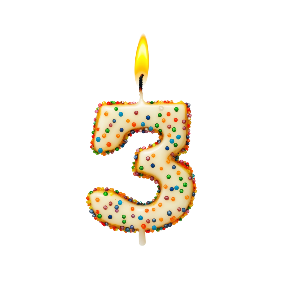 Colorful birthday number three candle with lit flame and sprinkles on transparent background, 5 birthday, number candles with light, isolated on transparent background, transparent background png